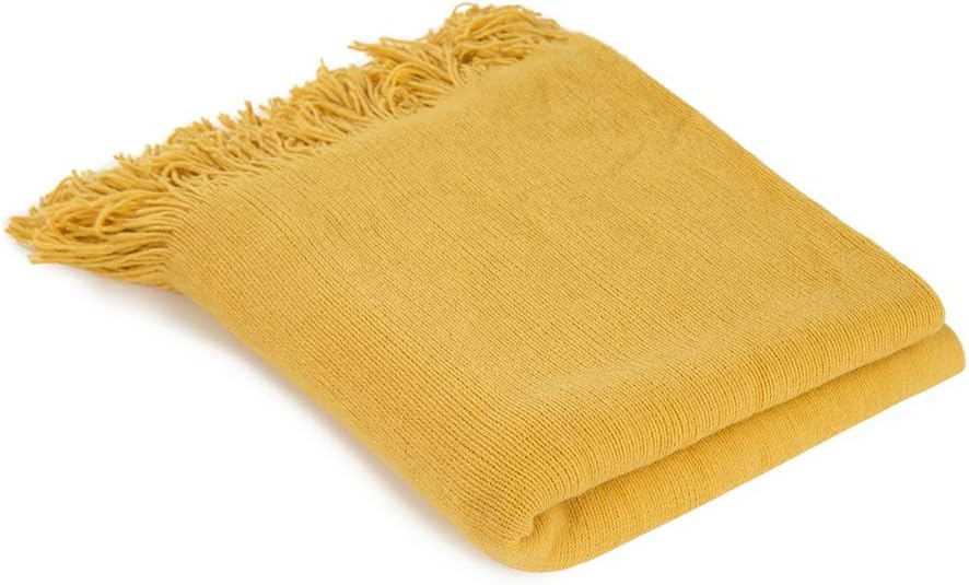 INSHERE Solid Gold Yellow Color Knitted Throw Blanket with Tassels Fringe Soft Cozy Comfy Warm Lightweight Fall Home Decor for Couch Chair Sofa Bedroom Living Room 51''x67'': Kitchen & Dining