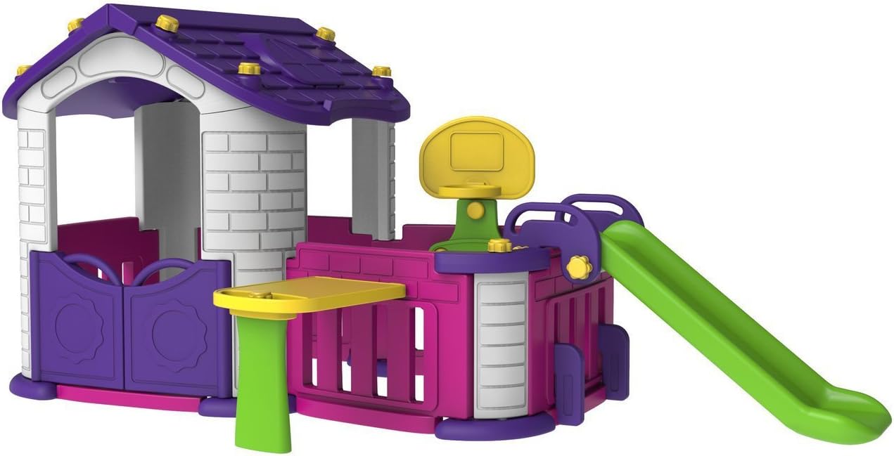 Children's Sunshine Modular Playhouse with garden, basketball hoop and slide Kid's Play Pen (Purple Pink version)