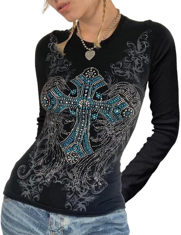 Y2K Vintage Graphic Print T-Shirt Long Sleeve Slim Fit Fairy