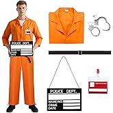 Prisoner Costume for Men, Orange Prison Jumpsuit Inmate Costumes for Halloween Jail Uniform Criminal Adults