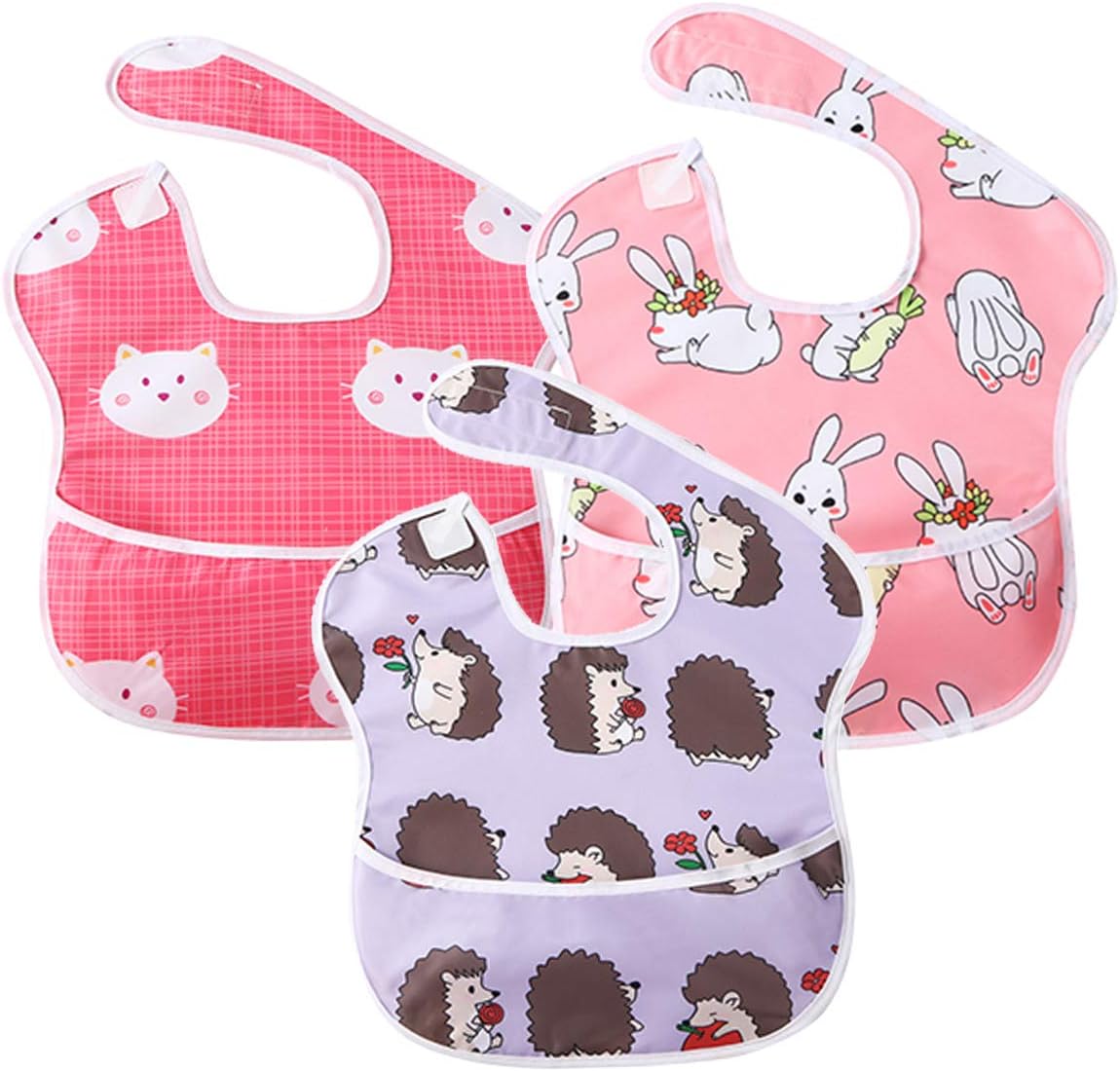 Little Dimsum 3 pack Baby Waterproof Bib Easy to Clean Feeding Weaning Bibs Adjustable Closed for Babies Toddlers with Large Pocket (6-36Months) (Hedgehog & Rabbit & Cat)