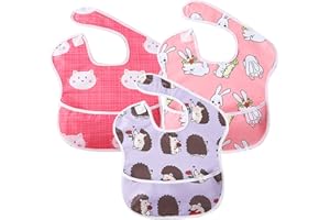 Little Dimsum 3 pack Baby Waterproof Bib Easy to Clean Feeding Weaning Bibs Adjustable Closed for Babies Toddlers with Large Pocket 6-36Months(Hedgehog & Rabbit & Cat)