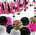 Fonder Mols 29 Bachelorette Party Decorations Black and Hot Pink - 12pcs Black Fuchsia Gold Tissue Paper Pom Poms 15 Tassel Garland Bunting and 2 Sparkle Polka Dots Garlands
