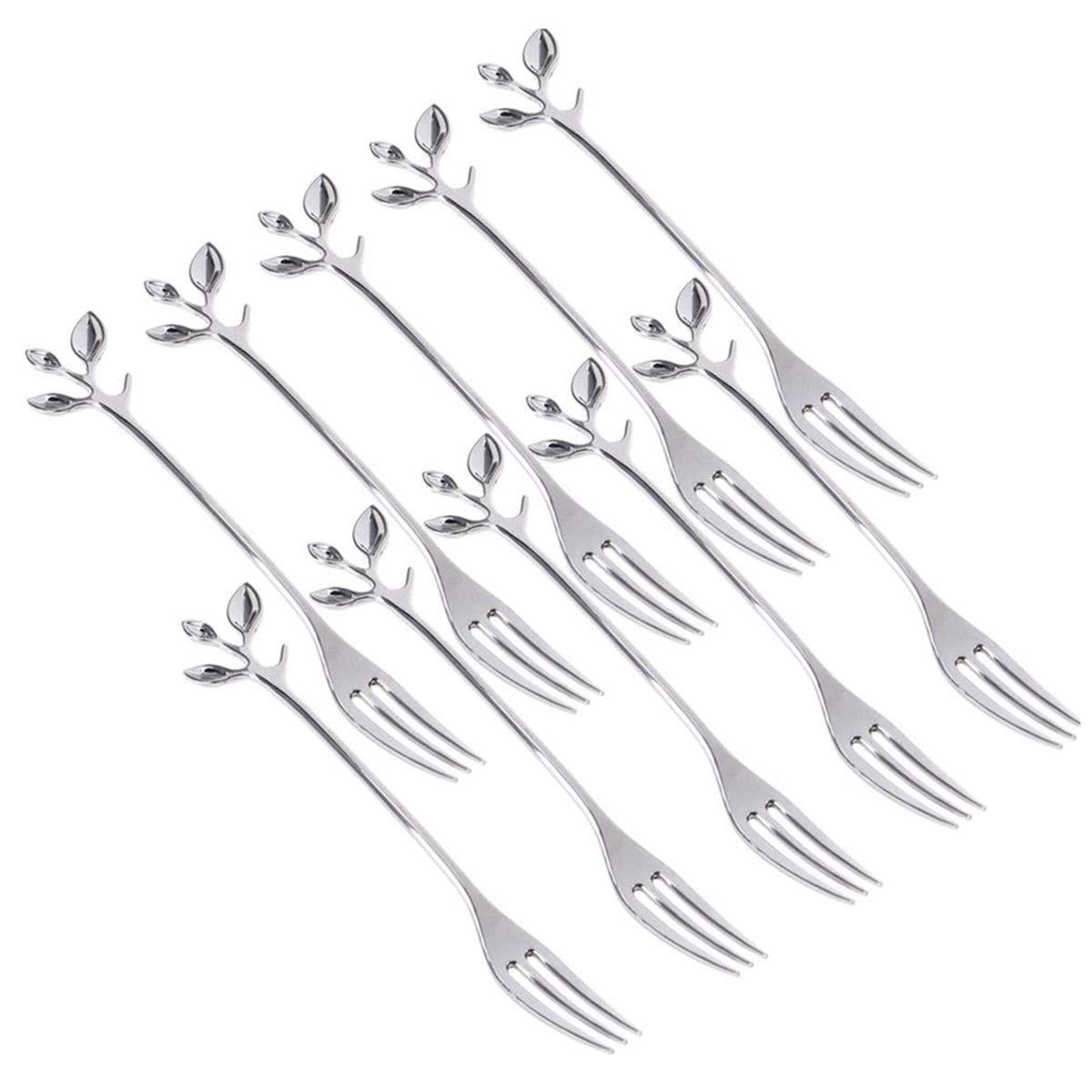 10 Pcs Stainless Steel Fruit Forks Leaf Handle Cake Fork for Dessert Salad Fruit Appetizer Cake Cocktail