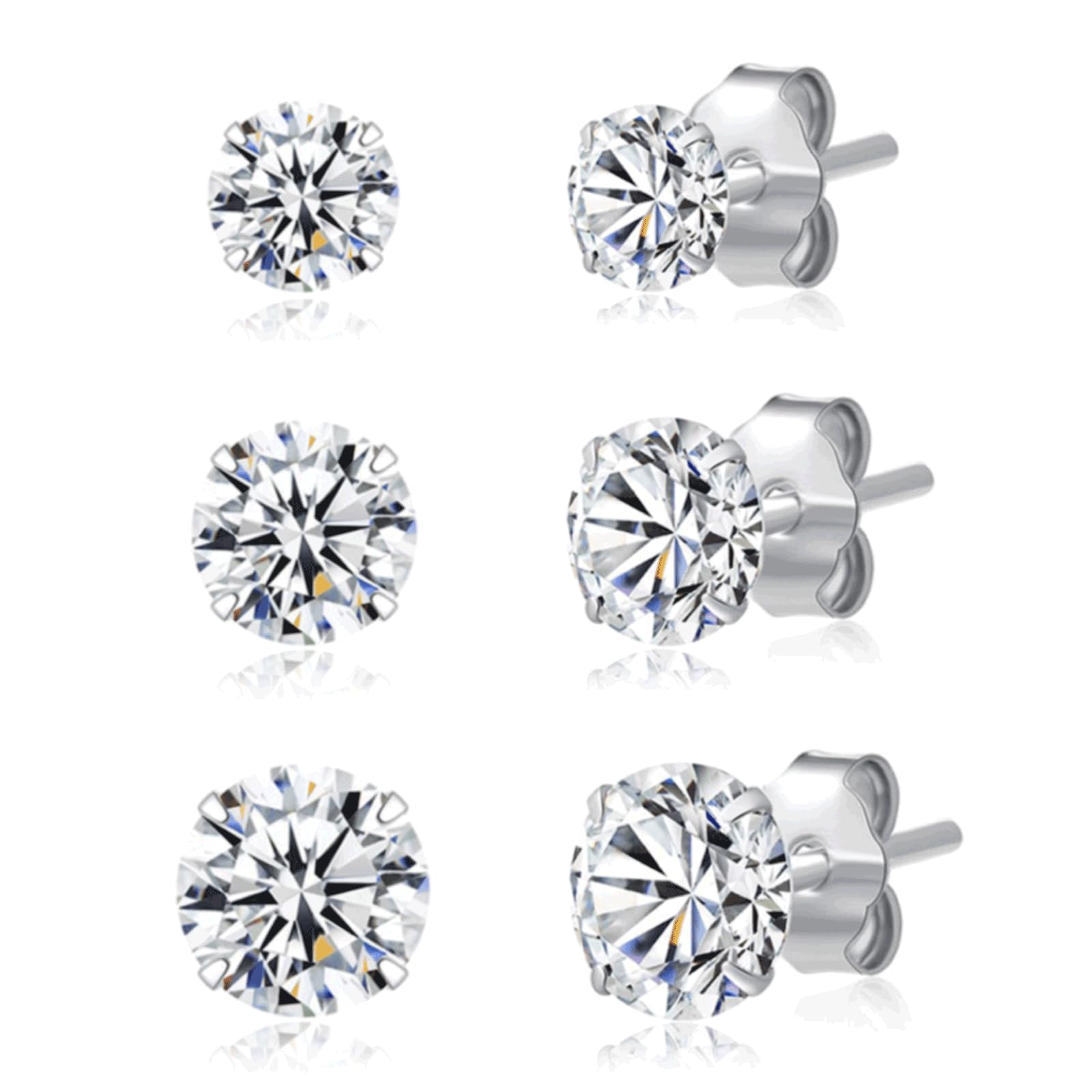 3 Pairs 925 Sterling Silver CZ Stud Earrings Set 3mm 4mm 5mm Cubic Zirconia Stud Earrings Men Women