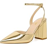 RIBONGZ Block Heels for Women Closed Pointed Toe Heeled Slingback Chunky High Heel Ankle Strap Pumps Patent Leather Comfort Dressy Shoes for Work Party Prom Wedding Bridal Dress