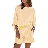 Fisoew Womens Striped Short Sets 2 Piece Outfits Sweatsuits 3/4 Sleeve Pajamas Casual Lounge Sets