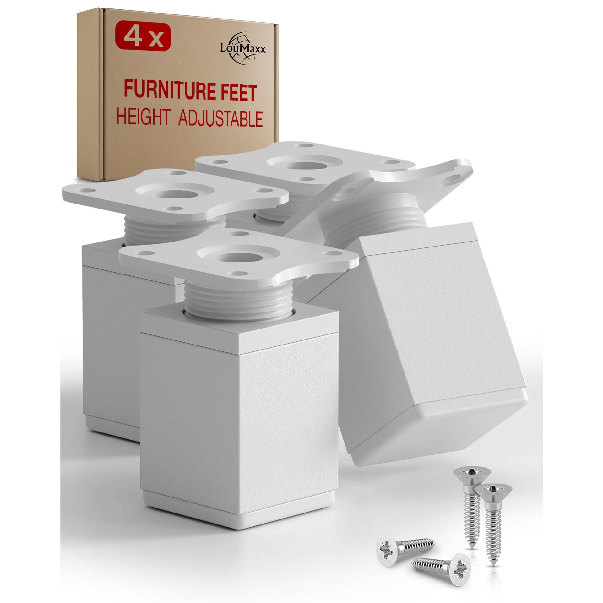 LouMaxx Furniture Legs 4pc Set 40x40x60mm White Square - Adjustable Cabinet Legs with Mounting Plate - Height Adjustable Legs for Cupboard Units
