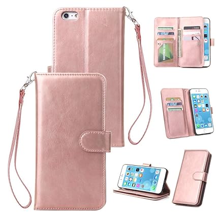 iPhone 6S Plus Hülle, Wallet für iPhone 6S Plus Rosegold HUDDU Neun Kartenfächer PU Schutzhülle Doppelt Flip Cover Tasche Han
