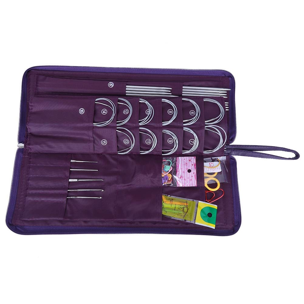 Circular Knitting Needles Set,104Pcs Steel Interchangeable Knitting Needles Crochet Hook Weave Tool with Storage Bag 25-35cm/9.8-13.8"