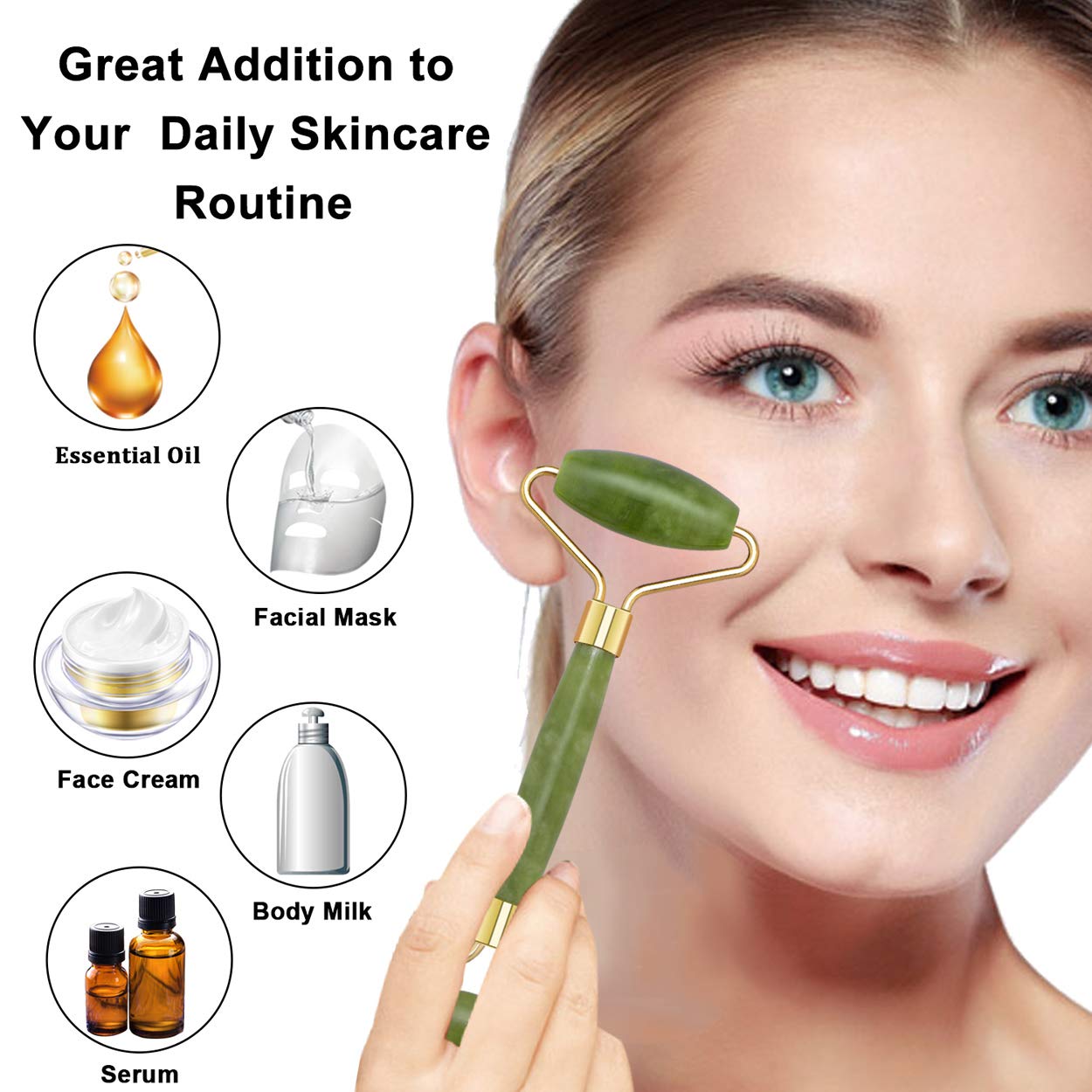 Jade Roller for Face & Gua Sha Scraping Tool, 100% Real Natural Jade Facial Roller, 2 in 1 Anti-Aging Face Roller Massager for Cheeks Slimmer, Skin Tightening, Face Firming, Rejuvenate Skin (Green)