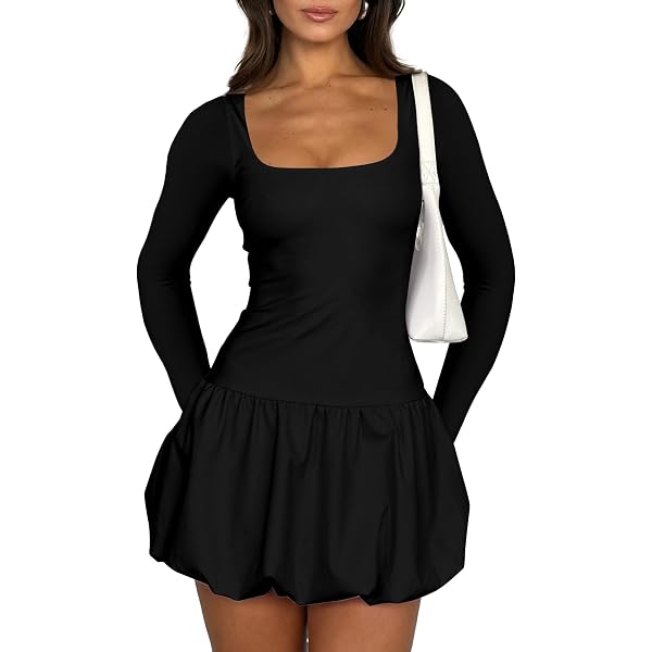 GUCURIN Women Bubble Mini Dress Long Sleeve Square Neck Backless Puffy Skirt  Dress Short Formal Dresses(M,Black) at Amazon Women's Clothing store
