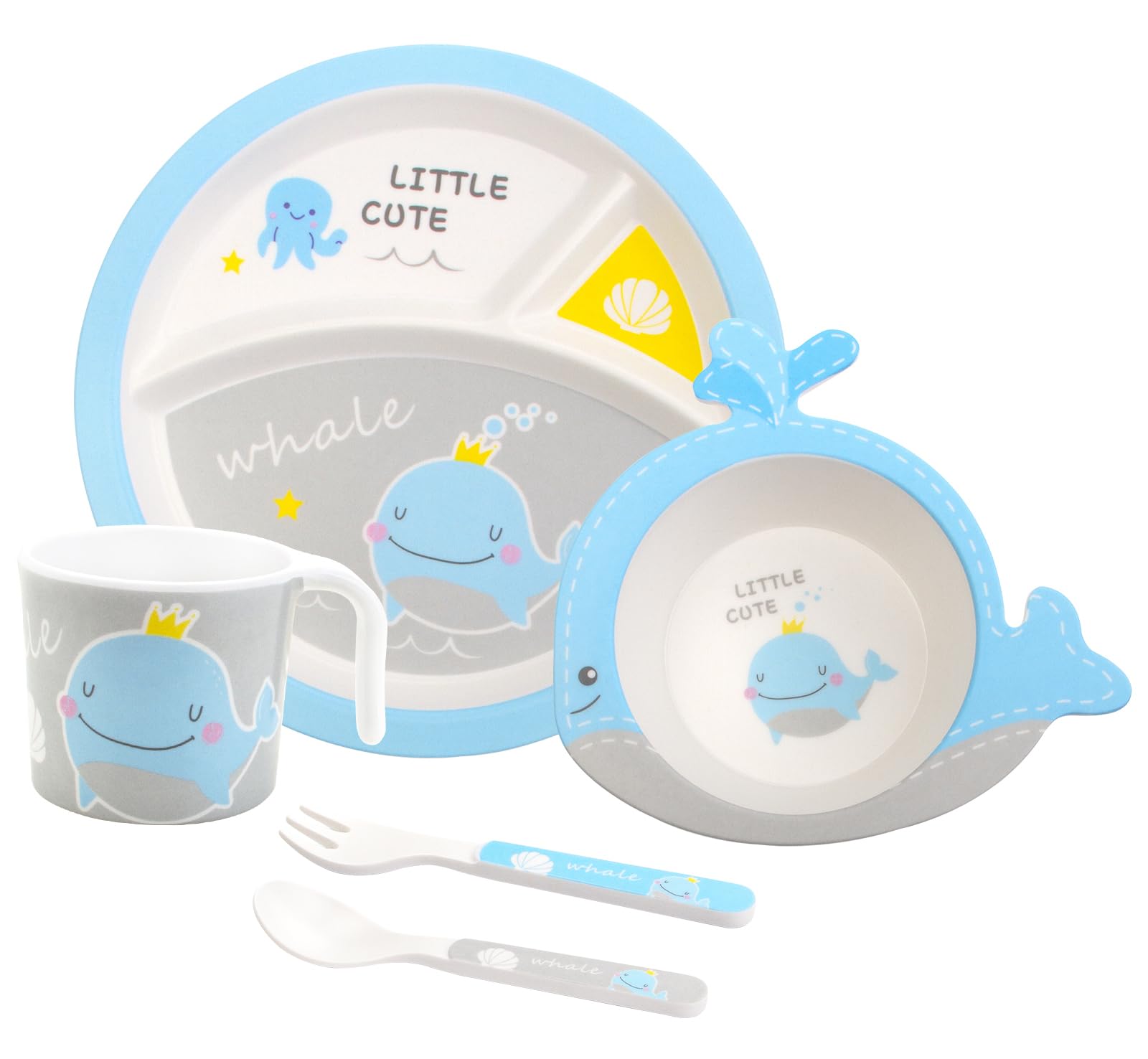 Kids Feeding Set 5 Pcs, Tableware Set for Toddlers Includes Plate Bowl Cup Fork and Spoon Utensil Flatware, Kids Flatware Set Dishwasher Safe, BPA Free (Whale) — image 1