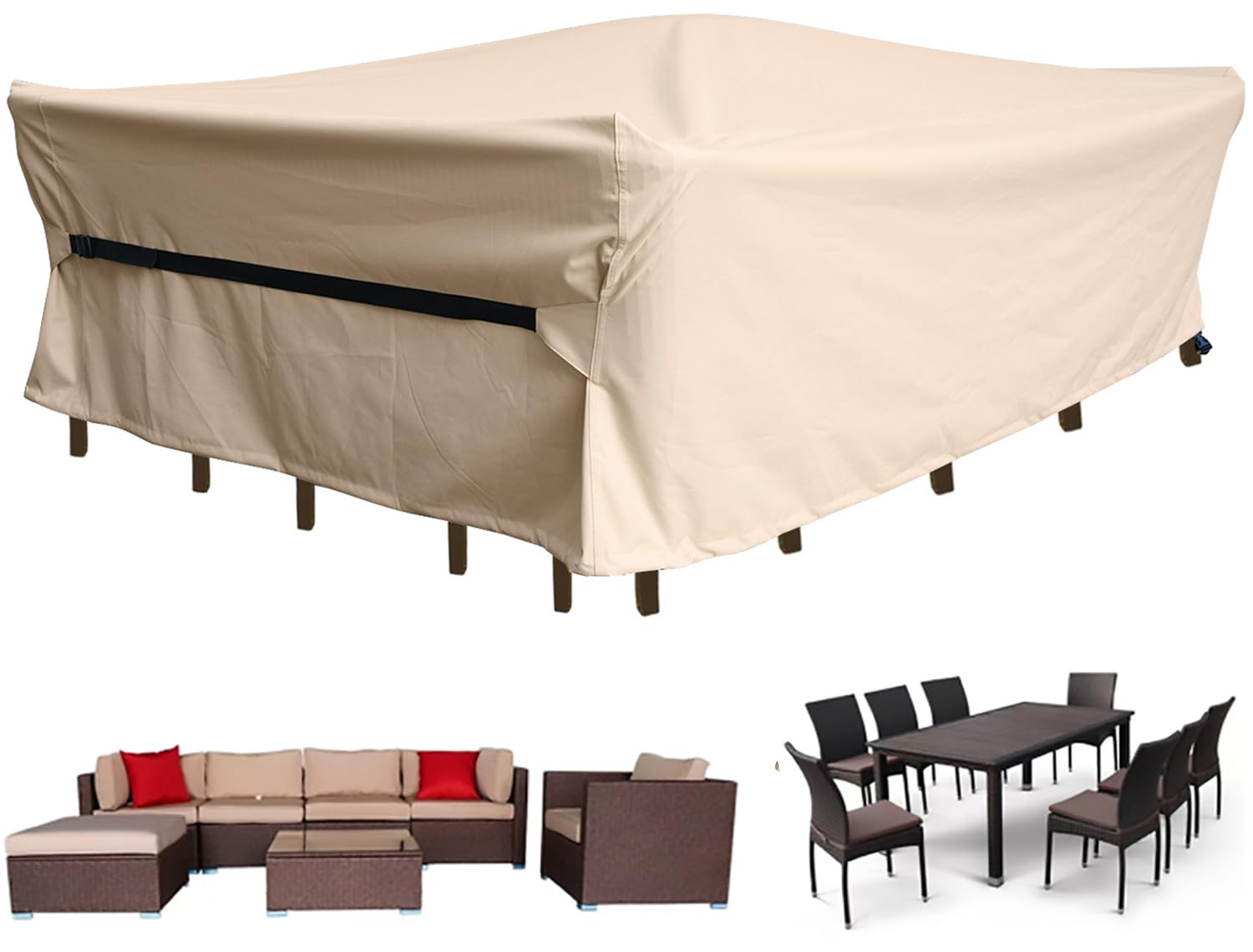 Photo 1 of CKCLUU Patio Furniture Set Covers Waterproof Heavy Duty 600D Outdoor Sectional Sofa Couch Set Cover Patio Conversation Sets Cover Outdoor Dining Set Table and chairs Covers 126.5" L x 63.5" W Beige