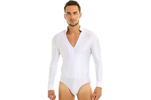 renvena Men's Stand Collar Long Sleeve One-Piece Leotard Bodysuit Romper Latin Tango Dancewear
