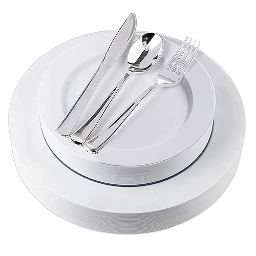 Disposable Plates with Cutlery 125 Piece White Plastic Party