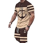 WDIRARA Men's 2 Piece Outfits Anchor Print Striped Tracksuits Short Sleeve T Shirt and Drawstring Shorts Sets