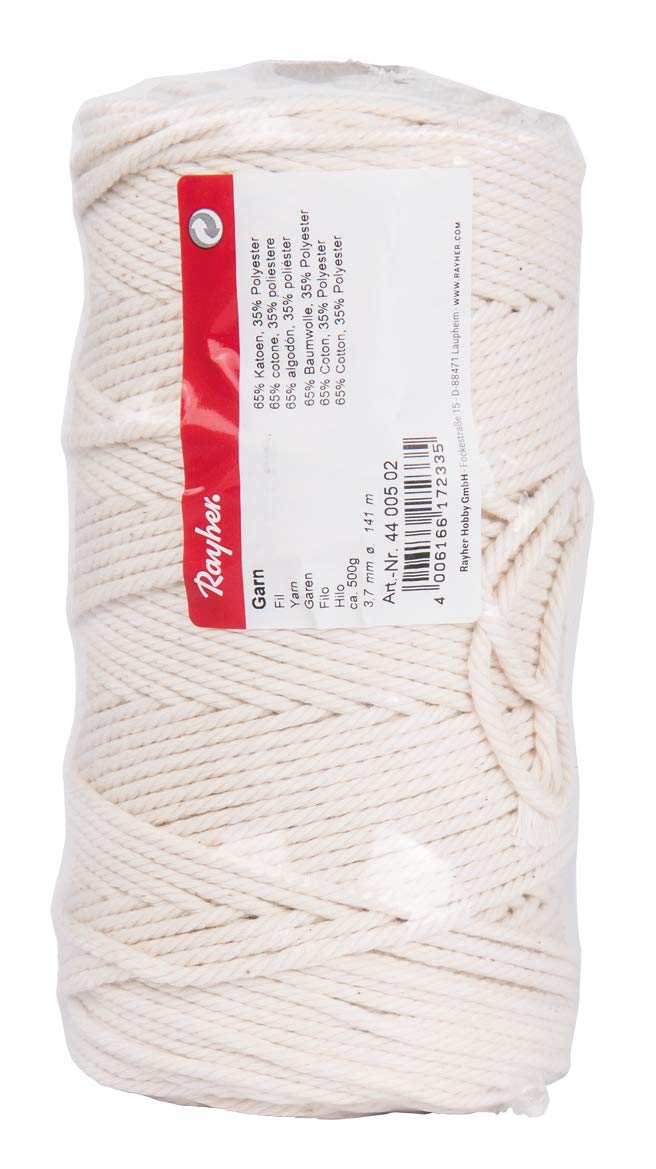 Rayher Poly-Cotton Crochet Thread, Yarn for Craft, Floristry and Decorations, Macrame Cord with a Diameter of 3.7mm, 500g, white, 4400502