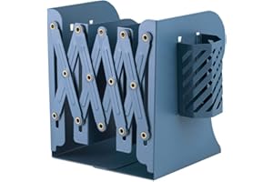 JIARI Adjustable Metal Bookends with Expandable Design, Blue, Heavy-Duty Book Organizers for Shelves, 1pcs Pen Holder (Blue)
