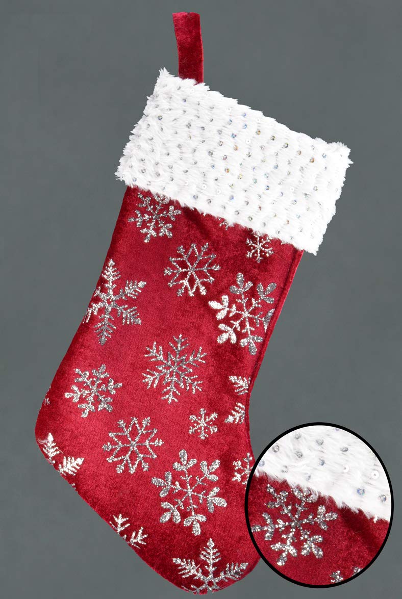 The Good Life Large Quality Red Velvet White Fur Christmas Stocking with Snowflakes 43 x 24cm