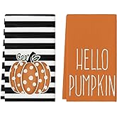 Artoid Mode Orange Polka Dot Stripes Hello Pumpkin Fall Kitchen Towels Dish Towels, 18x26 Inch Farmhouse Decoration Hand Towels Set of 2