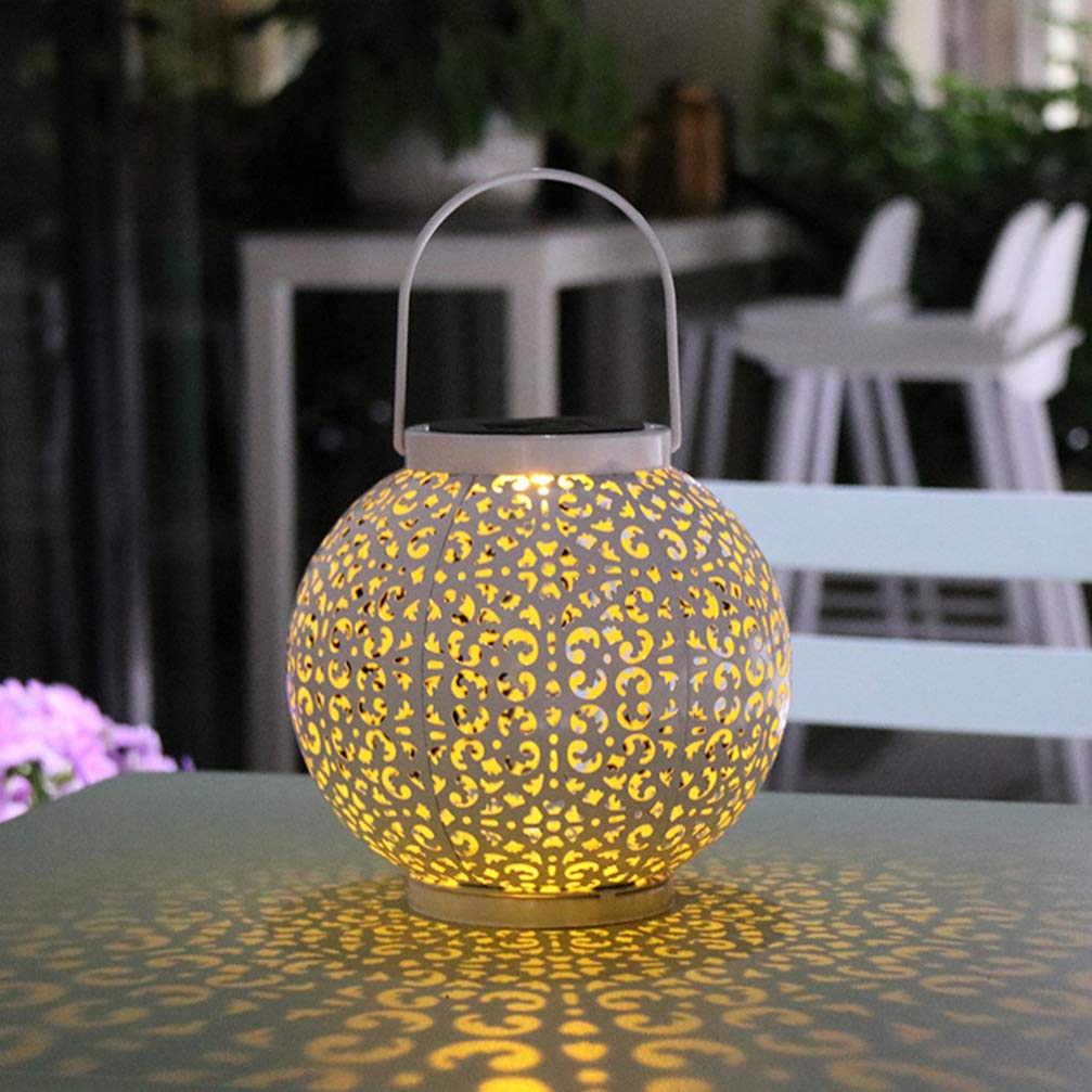 Mobestech Hanging Solar Lights Iron Hollow Out Outdoor Solar Lantern Vintage Garden Landscape Lamp Table Decorations with Handle for Door Back Yard Tree (White)