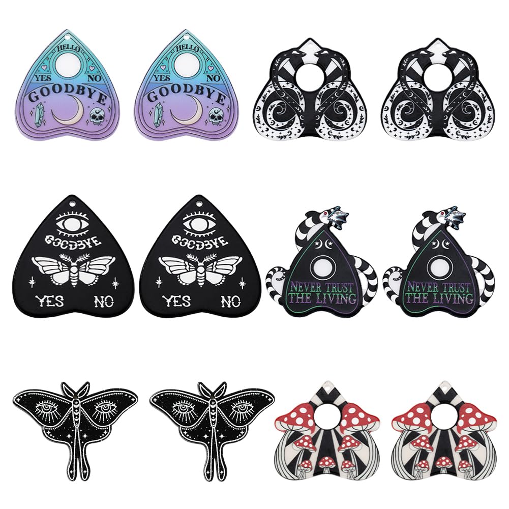 SUNNYCLUE 1 Box 24Pcs Gothic Style Ouijas Charm Planchette Charms Divination Board Metaphysical Message Board Acrylic Heart Shaped Teardrop Moth Snake Mushroom Charm for jewellery Making