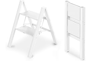 WOA WOA 2 Step Ladder, Foldable Step Stool, Aluminum Lightweight Ladder for Home Kitchen Closet, Anti-Slip Pedals, Ease of Folding, Portable, 300lbs Capacity - White