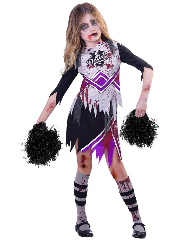 Girls Purple Zombie Cheerleader Halloween Fancy Dress Costume (Age 7-8 Years)