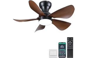Kviflon Ceiling Fans with Lights and Remote/APP Control, 30 inch Low Profile Ceiling Fans with 5 Reversible Blades 3 Colors Dimmable 6 Speeds Ceiling Fan for Bedroom Dining Room, Wood Color