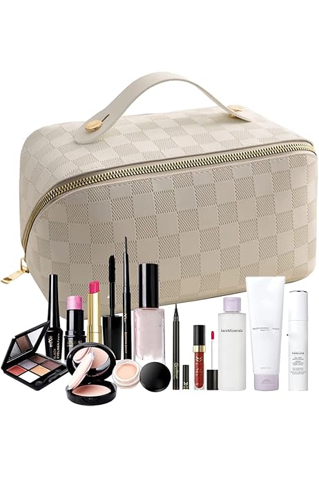 Brown Large Capacity Travel Cosmetic Bag Plaid Checkered Makeup Bag PU Leather Waterproof Skincare Bag with Handle and Divider (Classic White)
