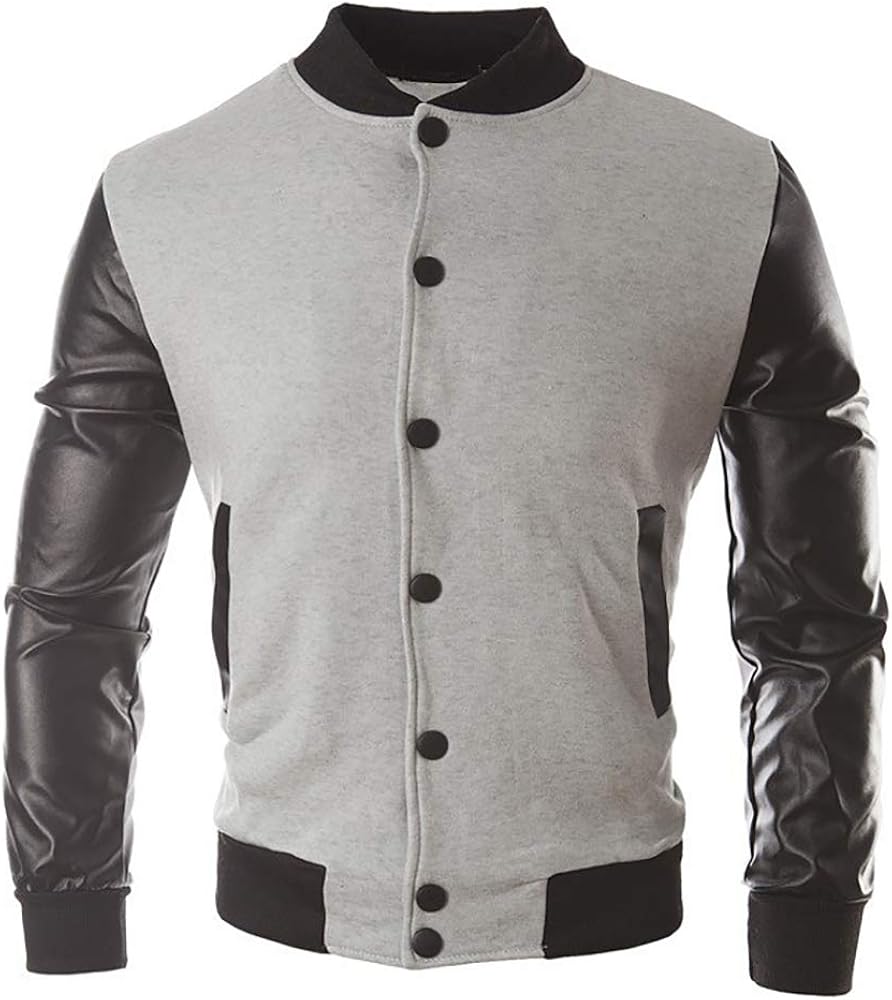 Uniqstore Cool Mens Baseball Jacket Autumn Fashion Slim Black Pu Leather Sleeve Bomber Jacket