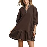 Womens Casual Mini Dress Preppy Plaid Collar Ruffle Hem Quarter Sleeve Brown Shift Dress Fall Winter Style