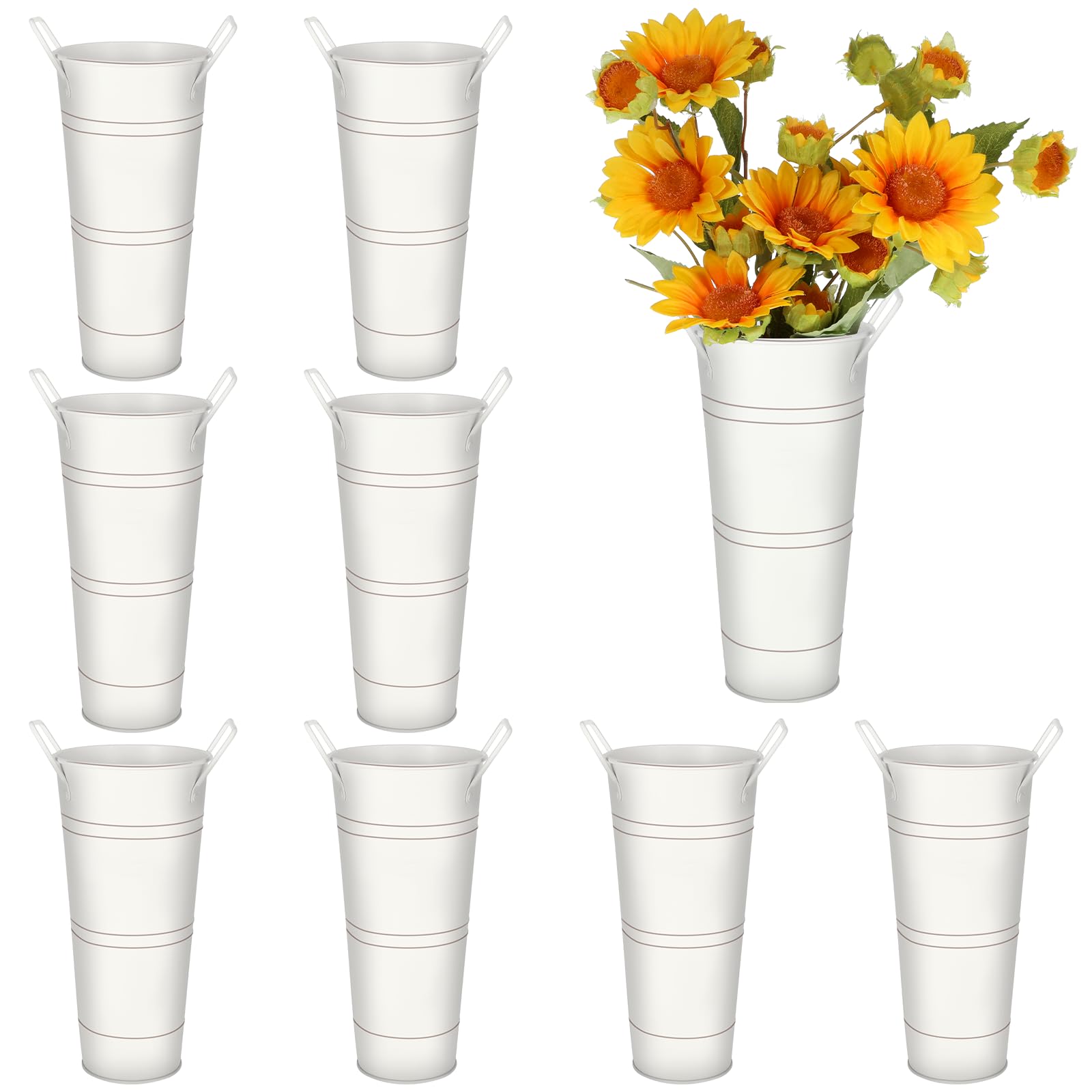 Photo 1 of 8 Pack Galvanized Metal Vases 9 Inch Flower Buckets Vases Farmhouse French Flowers Bucket Metal Vase Decor for Sunflowers Home Decor Wedding Party Table Centerpiece Decorations