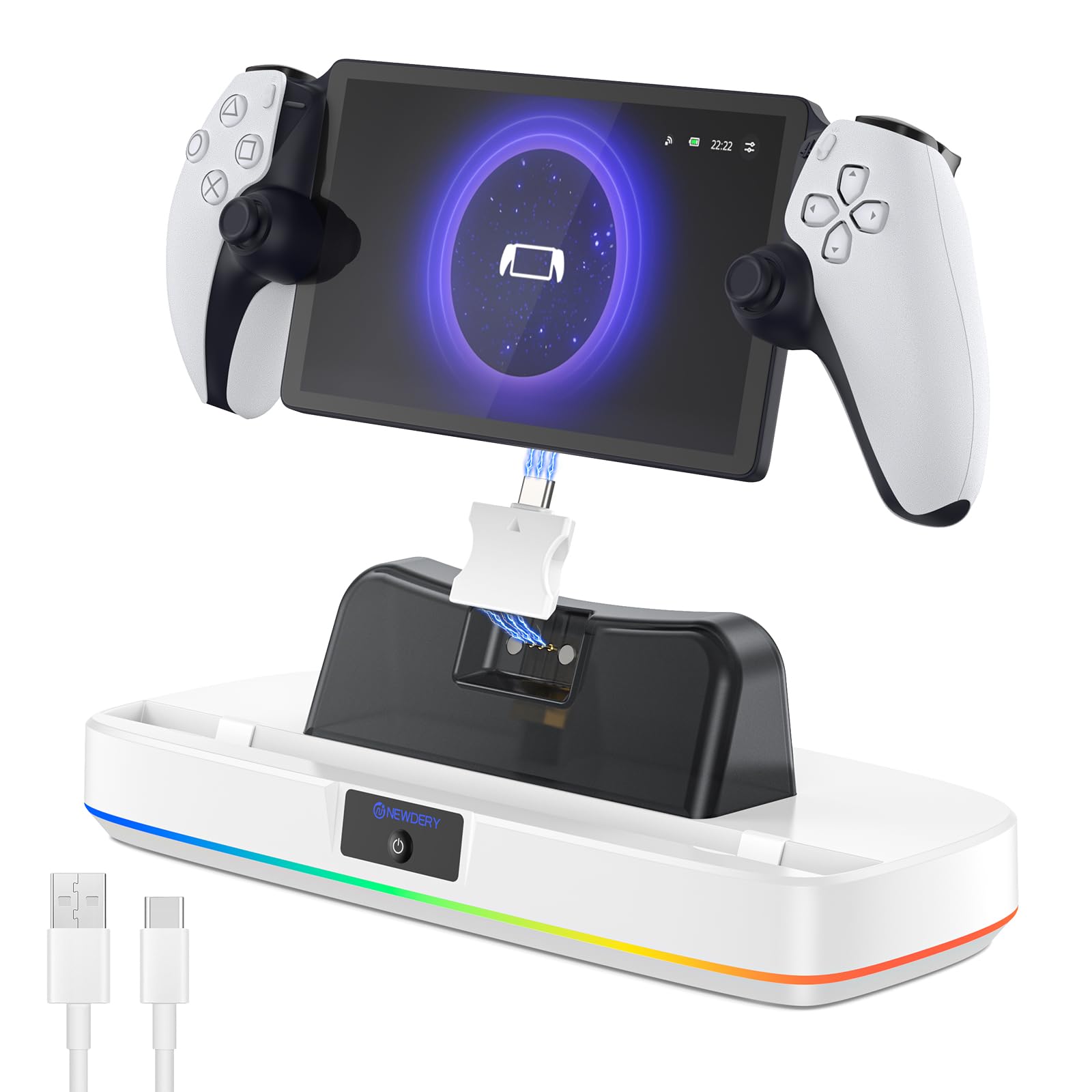 NEWDERY Charger Dock for PS Portal, Portable Charging Station with RGB Light and Type-C Cable, Case-Friendly Magnetic Connector Charging Stand for PlayStation Portal Remote Player