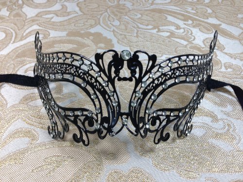 His & Hers Masquerade Couples Venetian Design Masks - 2 Piece Black Colored Set Metal Mask - Perfect Lover Swan Couple Mardi Gras Queen Party Halloween Ball Prom by BK