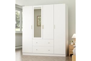 ECACAD Wardrobe Armoire with Mirror, 5-Tier Shelves, 2 Drawers, 2 Hanging Rods and 4 Doors, Wooden Closet Storage Cabinet for Bedroom, White (63”W x 19.7”D x 70.9”H)