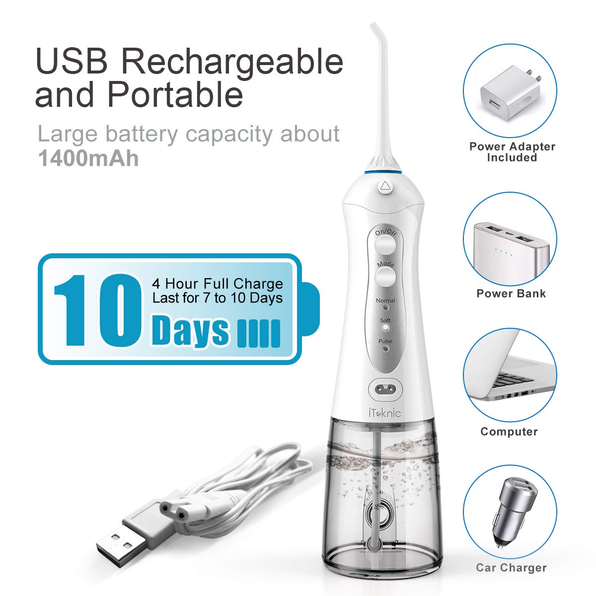 Water Flosser Teeth Cleaner, iTeknic Professional Cordless Dental Oral Irrigator 300ML Portable and Rechargeable IPX7 Waterproof 3 Modes Water Flossing with 5 Jet Tips for Home and Travel- Grey