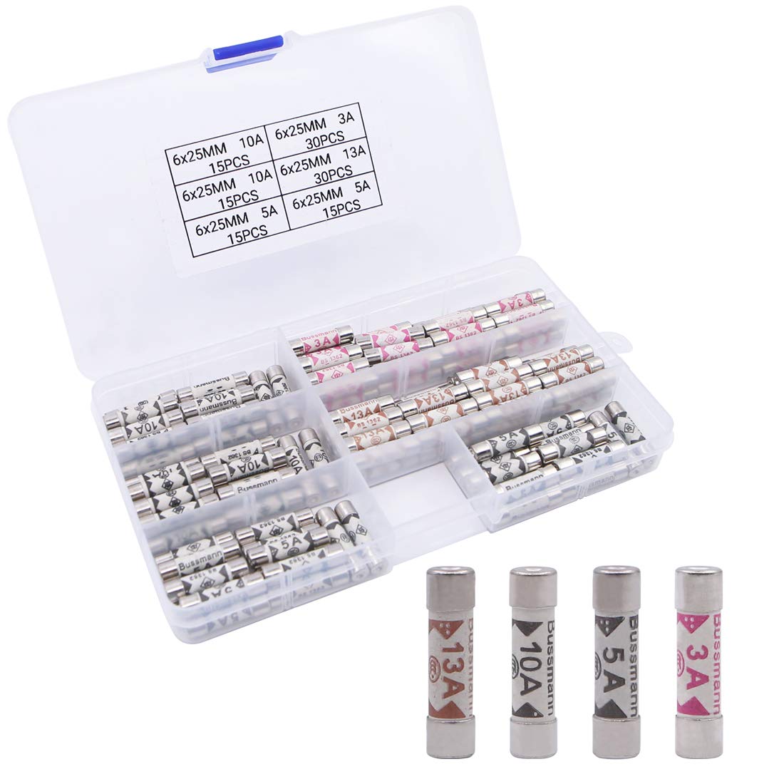4 Values 120 Pcs 240 V Ceramic Tube Fuses,6.3x25 mm 3A 5A 10A13A Household Ceramic Tube Cartridge Fuses