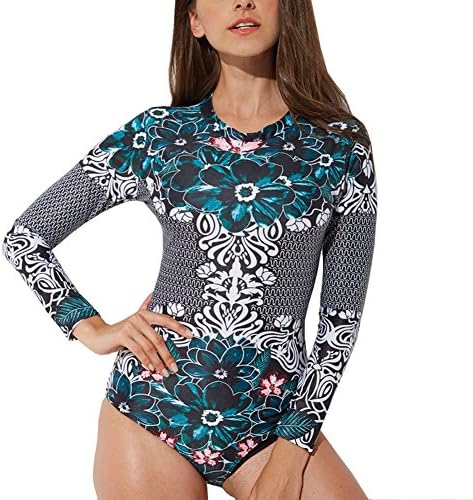 ZAY Womens Long Sleeve Rash Guard UV UPF 50+ Sun Protection Printed Zipper Surfing One Piece Swimsuit Swimwear