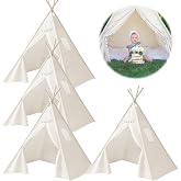 4 PCS Teepee Tent for Kids, Sleepover Tents, Washable Foldable | Cotton linen fabric, 47"x55" in, solid wood poles, easy fold storage, for boys and girls sleepover pajamas party birthday SPA
