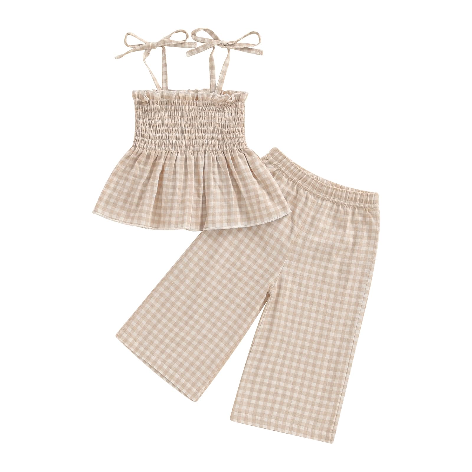 Photo 1 of VISGOGO Infant Baby Toddler Girls Clothes Solid Color Sleeveless Camisole Linen Pants Set Baby Summer Outfits (Plaid-Beige, 4-5 Years)