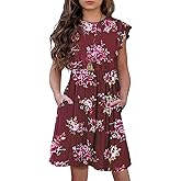 HOSIKA Girls Floral Dress Boho Ruffle Sleeve Pleated Casual Swing Dresses with Pockets for Kids 6-12 Years