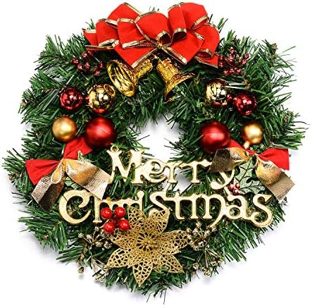 Mogomiten Merry Christmas' Santa Wreath, Pine Holly Garland with Golden Bowknot, Bells, Trees Ball, Poinsettia - Hanging Door/Wall Decorations for Christmas