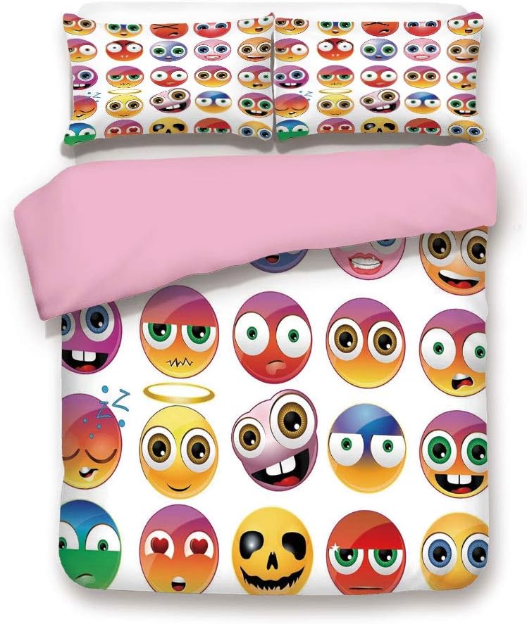 Pink 3pc Bedding Set,Rainbow Colored Cartoon Like Smiley Face Expressions Sad Happy Angry Fierce Art Print Queen Size Duvet Cover Set,Printed Comforter Cover with 2 Pillowcases for Women & Girls