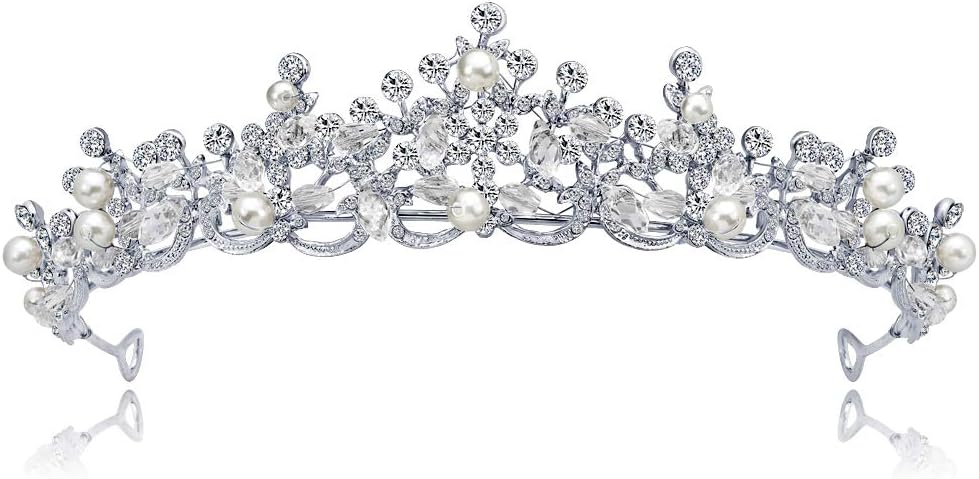 Diamante Wedding Crown Pearl Crystal Pageant Tiara Bridal Headpiece Women Hair Jewellery (Silver)