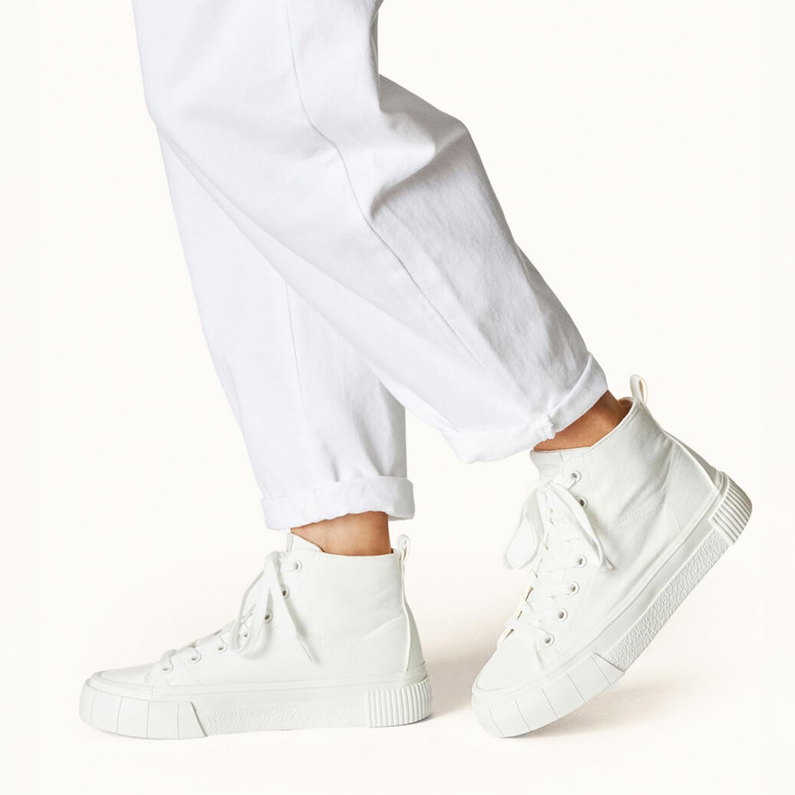 JATJA Womens White High Top Sneakers | Casual Medium-Width Twill Fabric Platform Sneakers for Women Size 7.5