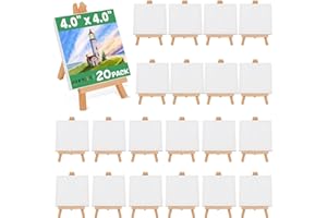 20Pack 3×6in Mini Easels Set, Wooden Mini Easel Stand with 20Pcs 4x4in Art Canvases Tabletop Easel Stand Holder Canvas Stand 