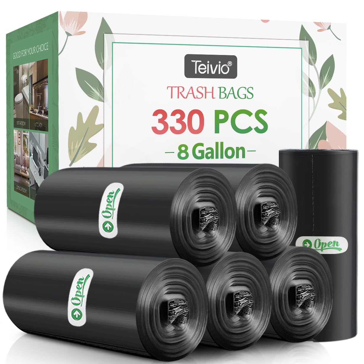 Photo 1 of Medium Black Trash Bags 8 Gallon 330 Counts Strong Garbage Bags by Teivio,Waste Basket Trash Bags,Bathroom Trash Can Bin Liners, Plastic Bags for home office kitchen