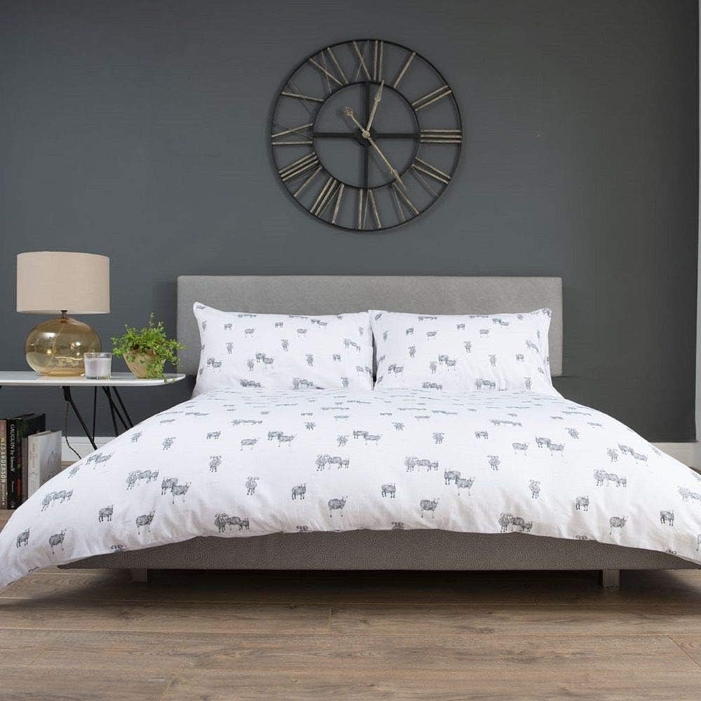 Deyongs Flock 100% Brushed Cotton Flannelette Duvet Cover Set - White & Grey (Superking)